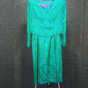 1950's Blue and Green Brocade Wiggle Dress with Matching Coat